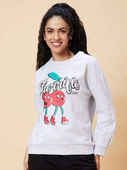 Globus - Women Grey Melange Graphic Print Round Neck Casual Boxy Fit Pullover Sweatshirt