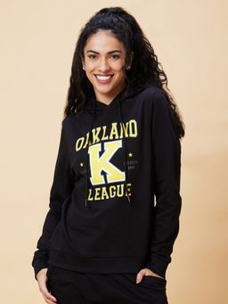 Globus - Women Black Typography Print Hooded Casual Boxy Fit Pullover Sweatshirt