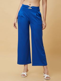 Globus - Women Blue Solid High-Rise Loose Fit Pleated Slip-On Trouser