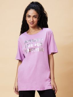 Globus - Women Lavender Typography Print Round Neck Casual Boxy Fit T-Shirt