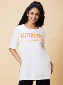 Globus - Women White Typography Print Round Neck Casual Oversized T-Shirt