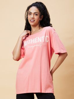 Globus - Women Pink Typography Print Round Neck Casual Oversized T-Shirt
