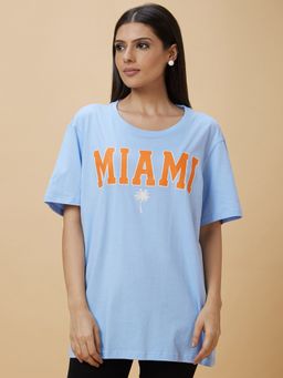 Globus - Women Blue Printed Round Neck Oversized Casual T-Shirt