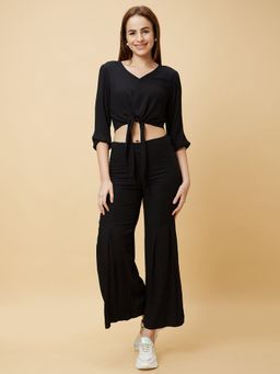 Globus - Women Black Solid Casual Co-Ord With Crop Top And Palazzo (Set of 2)