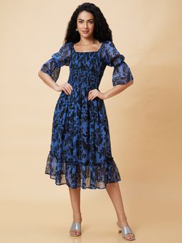 Globus - Women Blue Floral Print Square Neck Smocked Casual Fit and Flare Midi Dress