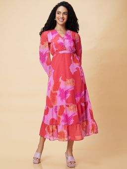 Globus - Women Pink Abstract Print V-Neck Casual Tie-Up Fit And Flare Tiered Maxi Dress