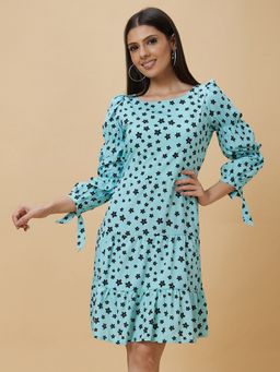 Globus - Women Blue Floral Print Boat Neck Casual Fit And Flare Dress