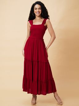 Globus - Women Wine Solid Smocked Strappy Casual Fit And Flare Tiered Maxi Dress
