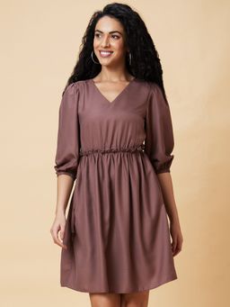 Globus - Women Brown Solid V-Neck Casual A-Line Dress