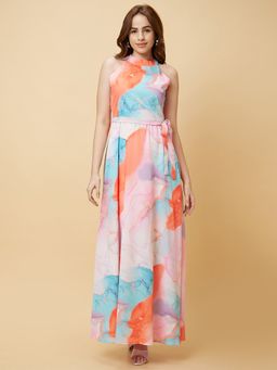 Globus - Women Pink Halter Neck Fit And Flare Maxi Dress with Waist Tie Up