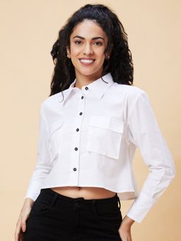 Globus - Women White Solid Casual Shirt Style Crop Top