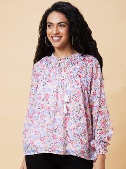 Globus - Women White Floral Print Tie-Up Neck Casual Top (Set of 2)