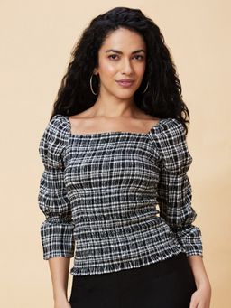 Globus - Women Black Checked Square Neck Smocked Casual Top