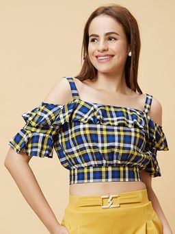 Globus - Women Blue Checked Ruffles Cold Shoulder Casual Crop Top
