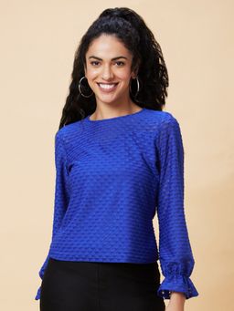Globus - Women Blue Self Textured Boat Neck Party Top