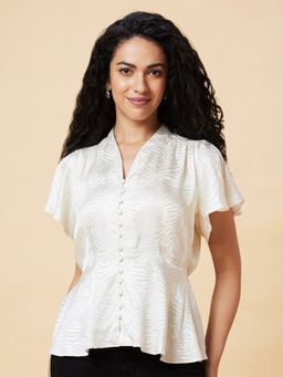 Globus - Women White V-Neck Flutter Sleeve Self Design Peplum Party Top