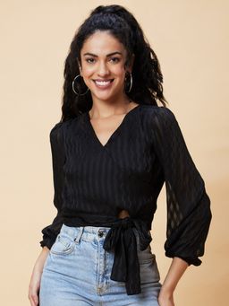 Globus - Women Black Self Design Wrap V-Neck Waist Tie-Up Party Crop Top