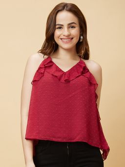 Globus - Women Pink Self Design Ruffle Strappy Party Top