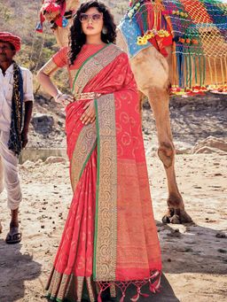 Odette - Womens Peach Banarasi Silk Woven Design Saree with Unstitched Blouse