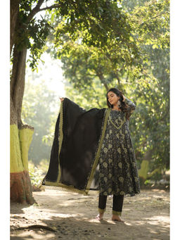 WEAVLLITE - Black Pure Cotton Block Printed Kurta (Set of 3)