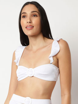 Missguided - White Rib Frill Shoulder Ring Super Scoop Bikini Top