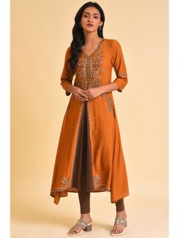 W - Dark Yellow Printed Godget Kurta And Tights (Set of 2)