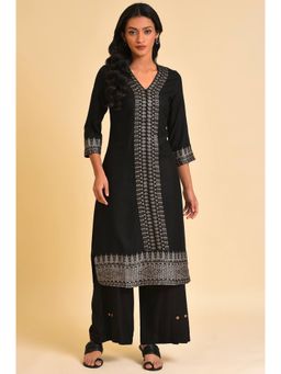 W - Black Placement Print Kurta & Parallel Pant (Set of 2)