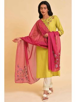 W - Lime Green Embroidered Kurta, Pants And Dupatta (Set of 3)