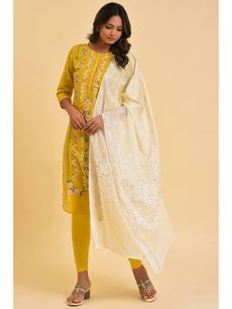W - Yellow Printed Kurta, Tights & Dupatta (Set of 3)