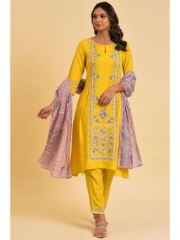 W - Yellow Glitter Printed Festive Kurta, Pants & Dupatta (Set of 3)