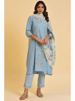 W - Blue Printed Kurta, Pants & Dupatta (Set of 3)