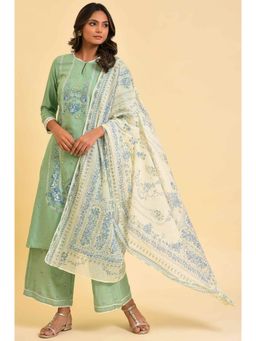 W - Light Green Printed Kurta, Parallel Pants And Dupatta (Set of 3)