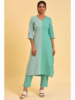 W - Light Green Tone Cotton Kurta & Slim Pant (Set of 2)