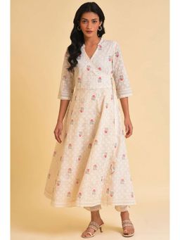 W - Ecru Glitter Printed Angrakha Kurta & Pant (Set of 2)