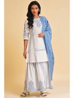 W - Off White Printed A-line Short Kurta, Sharara & Dupatta (Set of 3)