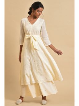 W - Ecru Gold Polka Dot Print Kurta (Set of 2)