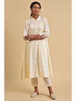 W - Ecru Floral Printed Shirt Kurta Co-ord With Belt (Set of 3)