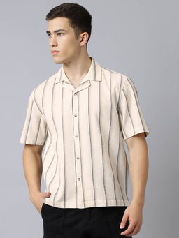 Subtract - Men Beige Comfort Fit Striped Cuban Collar Casual Shirt