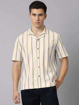 Subtract - Men Beige Comfort Fit Striped Cuban Collar Casual Shirt