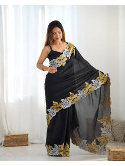 URBAN PALLU - Black Solid/Plain Poly Georgette Saree with Unstitched Blouse
