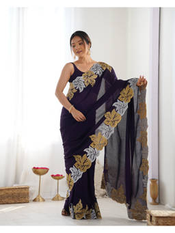 URBAN PALLU - Black Solid/Plain Poly Georgette Saree with Unstitched Blouse