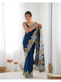 URBAN PALLU - Teal Solid/Plain Poly Georgette Saree with Unstitched Blouse