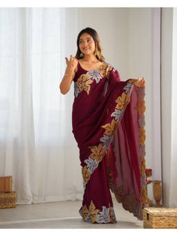 URBAN PALLU - Maroon Solid/Plain Poly Georgette Saree with Unstitched Blouse