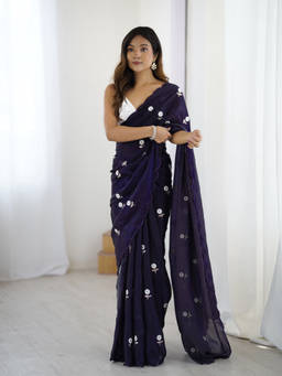 URBAN PALLU - Navy Blue Embellished/Sequined Poly Georgette Saree with Unstitched Blouse