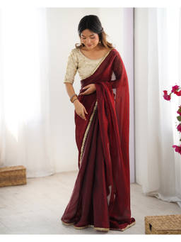 URBAN PALLU - Maroon Solid/Plain Tissue Saree with Unstitched Blouse