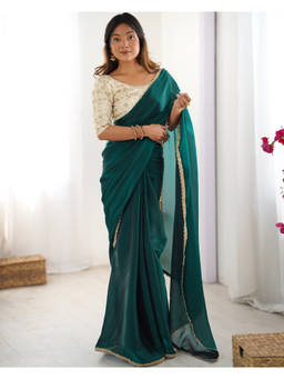 URBAN PALLU - Teal Solid/Plain Tissue Saree with Unstitched Blouse