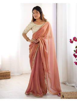 URBAN PALLU - Peach Solid/Plain Tissue Saree with Unstitched Blouse