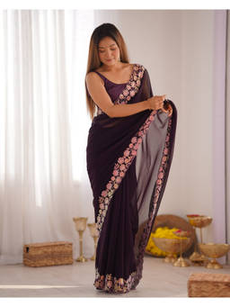 URBAN PALLU - Burgundy Solid/Plain Poly Georgette Saree with Unstitched Blouse