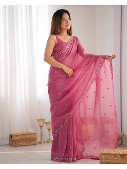 URBAN PALLU - Pink Solid/Plain Organza Saree with Unstitched Blouse