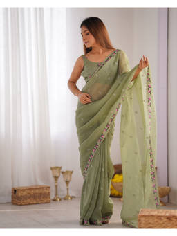 URBAN PALLU - Green Solid/Plain Organza Saree with Unstitched Blouse